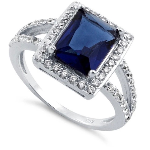 Blue Sapphire Rectangular Halo CZ Ring - Picture 1 of 5